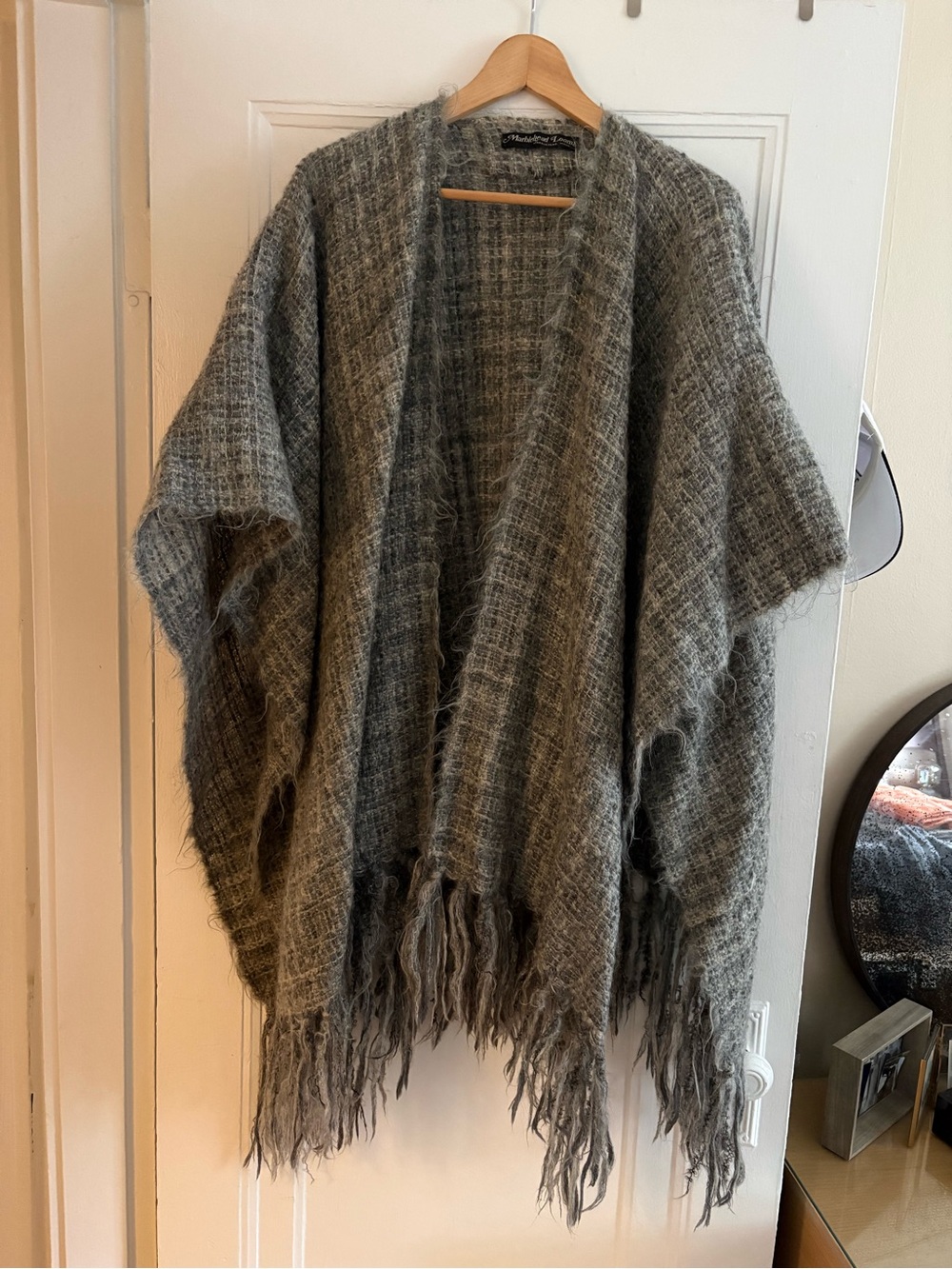 100% Wool, Gray Fringe, Handwoven Cardigan Poncho